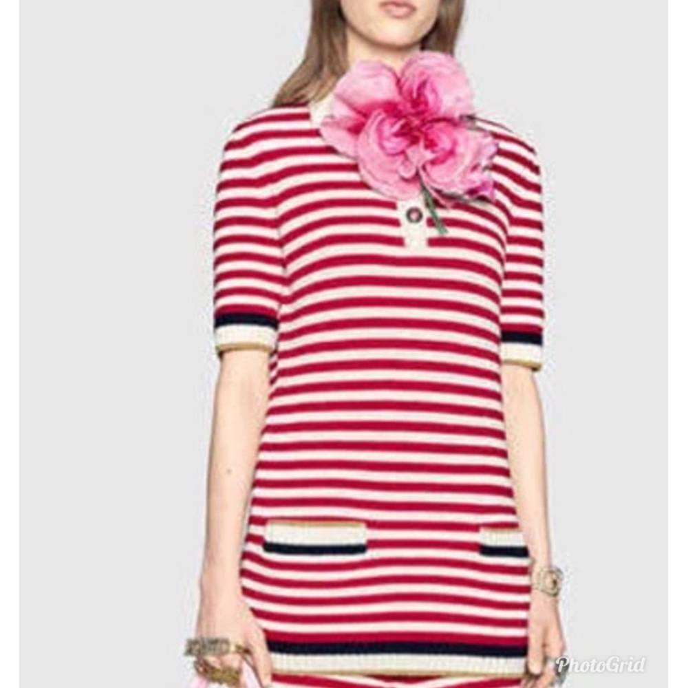 Women's striped knit polo with pink flower